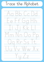 Trace letters. Writing practice. Tracing worksheet for kids. Learn alphabet. ABC game. Vector illustration. Cartoon style.