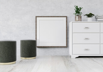 3D living room and furniture with blank photo frame