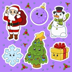Set of stickers with cute cartoon characters. Christmas theme. Hand drawn. Colorful pack. Vector illustration. Patch badges collection. Label design elements. For daily planner, diary, organizer.