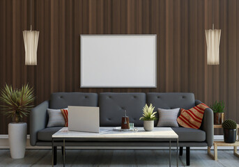 3D living room and sofa with blank photo frame