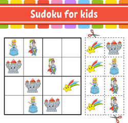 Sudoku for kids. Fairytale theme. Education developing worksheet. Activity page with pictures. Puzzle game for children. Isolated vector illustration. Funny character. Cartoon style.