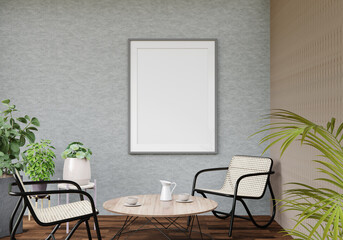 3D living room and chair with blank photo frame