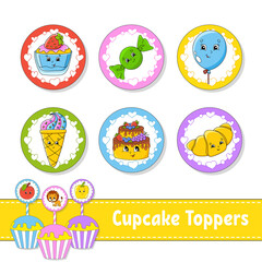 Cupcake Toppers. Set of six round pictures. Cartoon characters. Cute image. For birthday, party, baby shower.