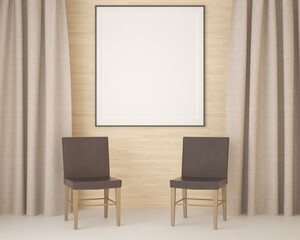 3D living room and chair with blank photo frame