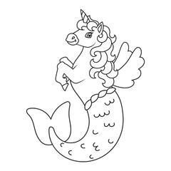Cute mermaid unicorn. Magic fairy horse. Coloring book page for kids. Cartoon style. Vector illustration isolated on white background.