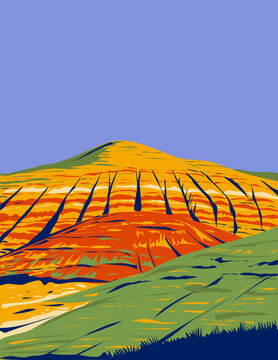 WPA Poster Art Of Painted Hills Within John Day Fossil Beds National Monument Located In Wheeler County, Oregon, United States Done In Works Project Administration Style Or Federal Art Project Style.