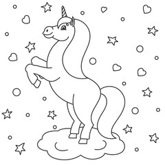 Coloring book for kids. The magical unicorn reared up. The animal horse stands on its hind legs. Cartoon style. Simple flat vector illustration.