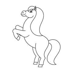 Coloring book for kids. Horse reared up. The farm animal stands on its hind legs. Cartoon style. Simple flat vector illustration.