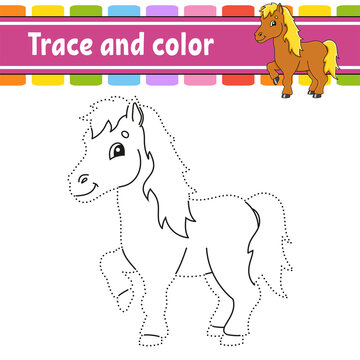 Trace and color. Coloring page for kids. Handwriting practice. Education developing worksheet. Activity page. Game for toddlers. Isolated vector illustration. Cartoon style.