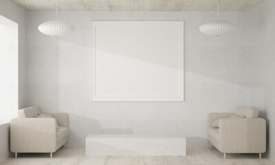 3D living room and sofa with blank photo frame