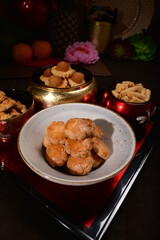 Chinese new year festival freshly baked assorted cookies group set with pineapple , almond, chocolate , walnut, peanut and spicy shrimp roll