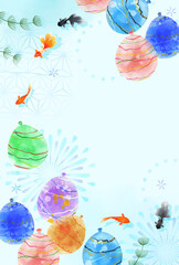 Obraz na płótnie Canvas 涼しい夏祭りのヨーヨー水風船と金魚の手描き水彩イメージ