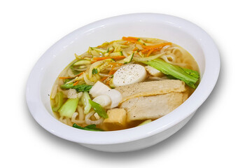 Ramen real original style in white bowl with tofu fish meat pork vegetable on white background die cut with clipping path