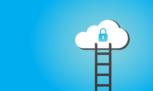 White cloud with key lock symbol inside and black stair step ladder on blue background. Cloud computing technology adoption, cyber security and data encryption concept.