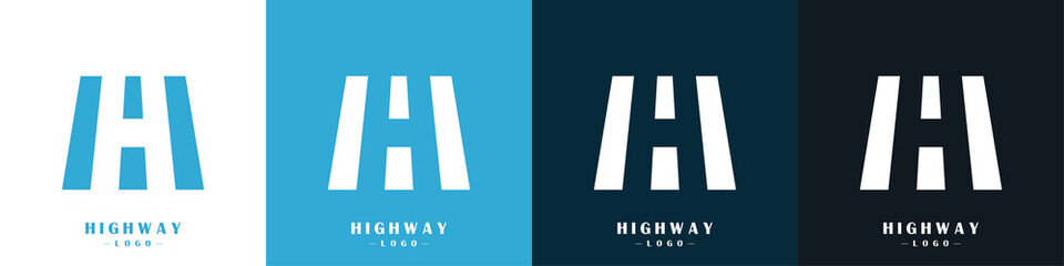 Highway logos set. Asphalt road with road markings. Vector illustration
