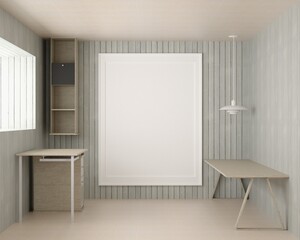 3D office room with blank photo frame