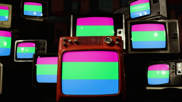 Polysexual Pride Flags and Vintage Televisions. 4K Resolution.