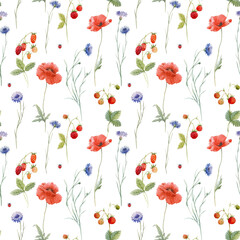 Beautiful seamless floral pattern with hand drawn watercolor gentle wild field flowers cornflower poppy. Stock illuistration.