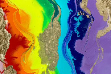 Rainbow liquid acrylic mixed ink texture with gold dust