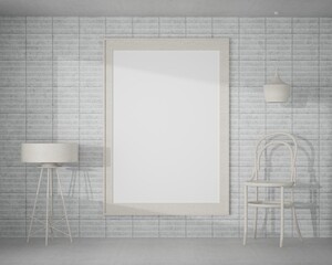 3D living room and chair with blank photo frame