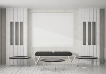 3D living room and bench with blank photo frame