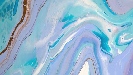Acrylic Fluid Art. Waves of paint in mint and blue colors slowly flow down. Abstract marble background