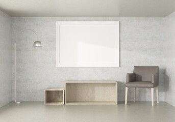 3D living room and chair with blank photo frame