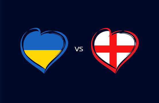 Ukraine vs England, flag emblems. National team soccer icons on blue background. Ukrainian and English national flag in heart. Vector illustration for football championship final competition