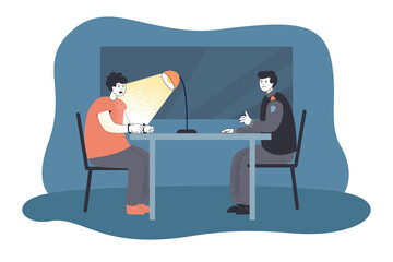 Investigator interrogating suspected criminal. Flat vector illustration. Uniformed policeman, suspect in handcuffs talking by light of lamp in dark room, sitting at table. Crime, psychology concept - obrazy, fototapety, plakaty