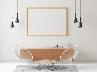 3D living room and chair with blank photo frame