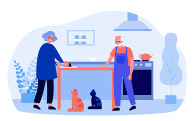 Happy grandmother cutting fish for cats in kitchen. Elderly couple with domestic animals, kitchen interior flat vector illustration. Pets, age concept for banner, website design or landing web page