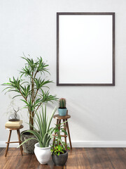 3D living room and furniture with blank photo frame