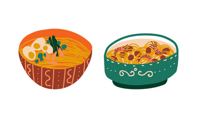 Stir-fried Prepared Udon Noodle Served in Ceramic Bowl Vector Set