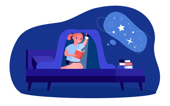 Cute little girl reading books in bed under blanket. Child reading about space with flashlight at night flat vector illustration. Leisure, bedtime concept for banner, website design or landing page