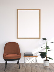 3D living room and chair with blank photo frame