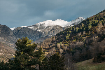 Wonderful mountain landscape in valley with green forest lighted with morning sun on background of snowy Pyrenees in Spain under blue sky.