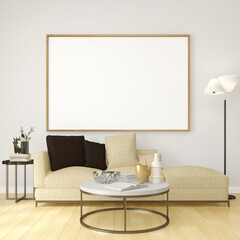 3D living room and sofa with blank photo frame