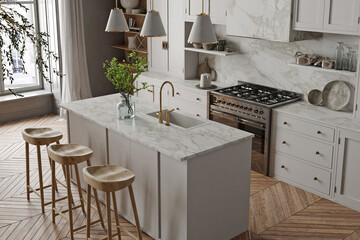 Modern interior of kitchen with living room	