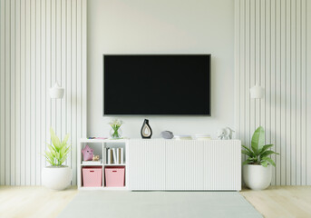 Furnished living room and wall mounted TV, 3D style.