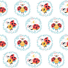 Ladybugs Seamless pattern Ladybird and flowers background