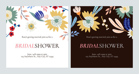Floral bridal shower invitation card template design, flowers and leaves illustration, bright and dark theme