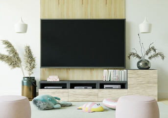 Furnished living room and wall mounted TV, 3D style.