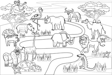 Jungle, Africa safari animals coloring book edicational illustration for children. Set cute lion, crocodile, monkey, elephant, camel, rhinoceros, gorilla, hyppo. Vector white black cartoon outline