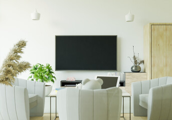 Furnished living room and wall mounted TV, 3D style.