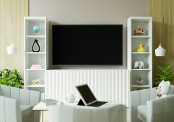 Furnished living room and wall mounted TV, 3D style.