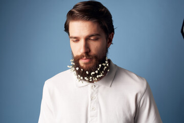 bearded man flowers hair fashion studio isolated background
