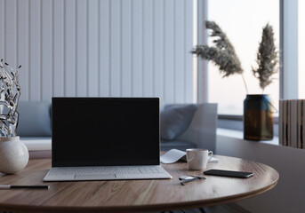 Fototapeta premium Office room with laptop on the table, 3D style.