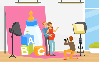 Man with Pregnant Woman Posing in Front of Photographer with Professional Camera Vector Illustration