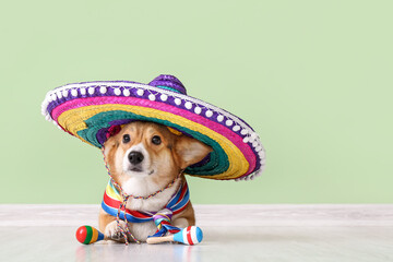 Cute dog with sombrero and maracas near color wall