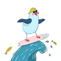 Funny seagull in cap and black goggles on surfboard, drawn in cartoon style. Summer vacation, travel, sports concept.